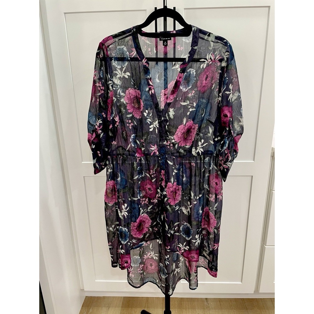 Torrid Floral Metallic Chiffon Hi Low Babydoll Sheer Tunic Sz 0 - Lg Excellent